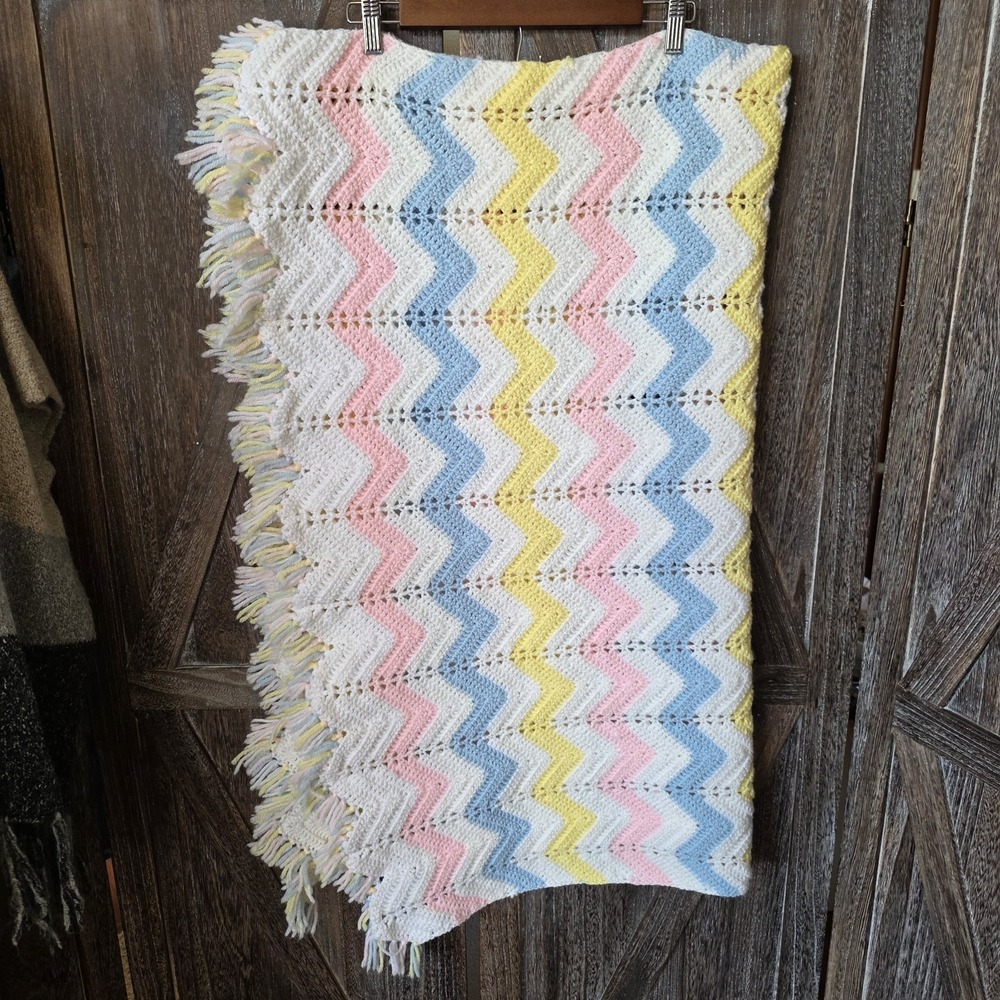 Handmade Baby Blanket Crochet Chevron Design White Blue Pink Yellow 44" x 39"